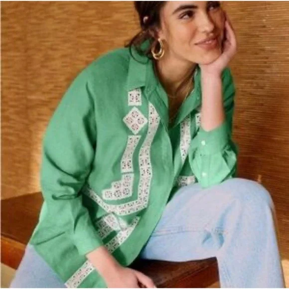 Sézane X Lucia Vergara Green Linen Embroidered Cottagecore Blouse Avant Garde - Picture 3 of 13